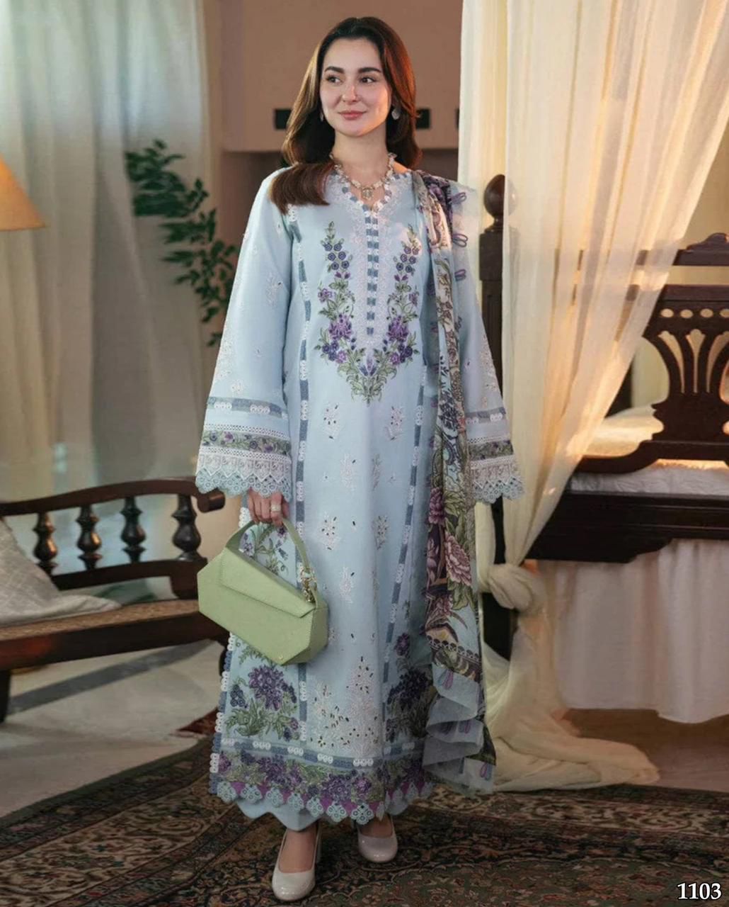 Qalamqar 1103 Lawn Suit with heavy embroidery and voil digital print dupatta for Summer 2025 in Pakistan
