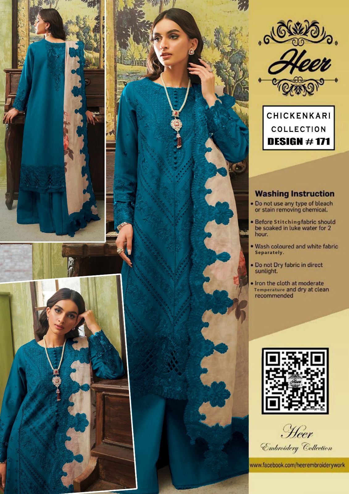 Heer Chikankari Lawn Suit sequence embroidered 3PC khaddi net dupatta