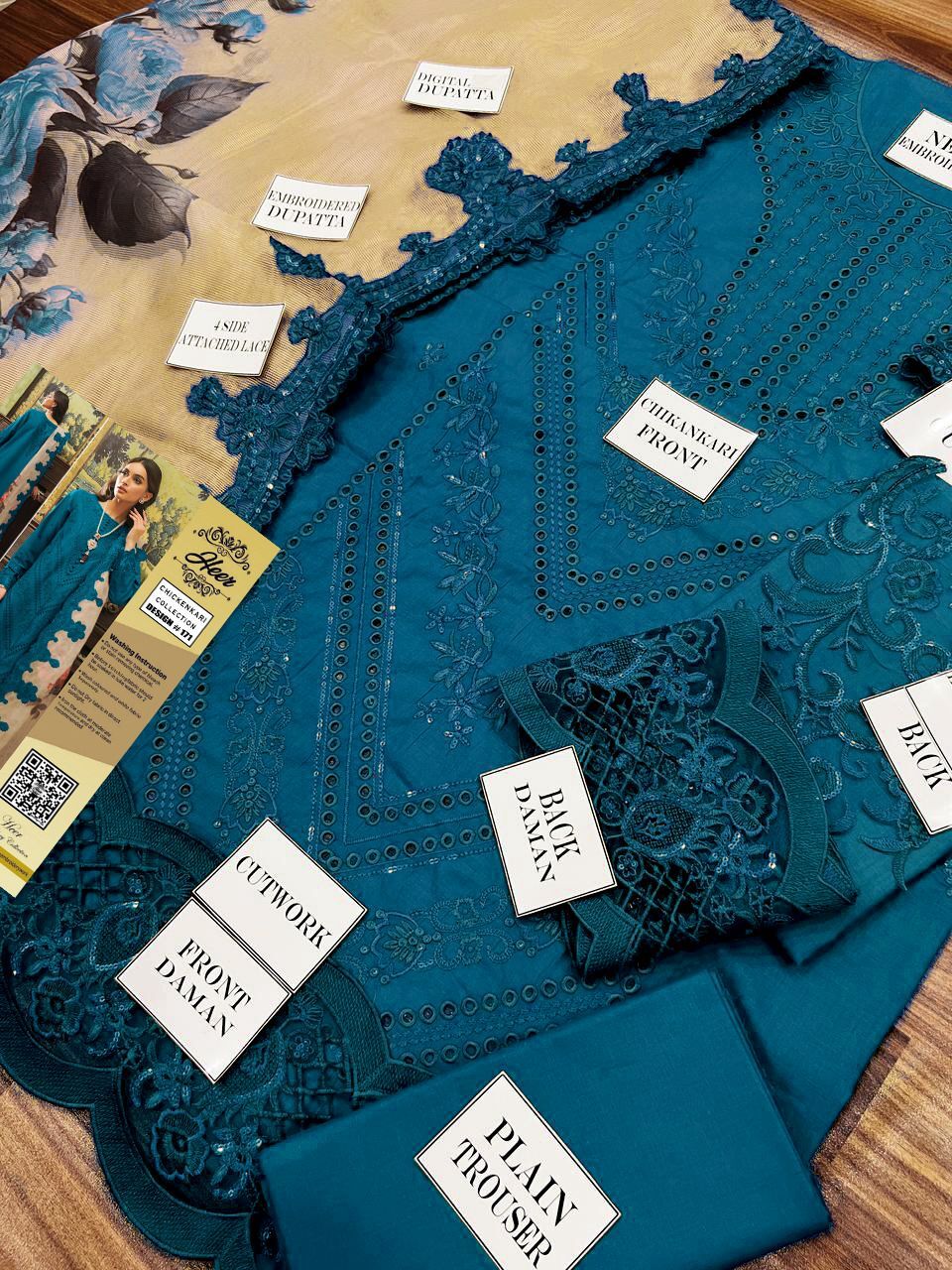 Heer Chikankari Lawn Suit 3PC Sequence Khaddi Net 171 - Image 4